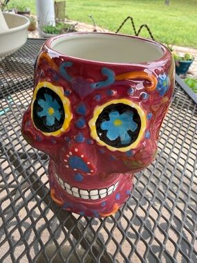 Cost Plus World Market Red Ceramic Sugar Skull Mug with Blue Floral Eyes